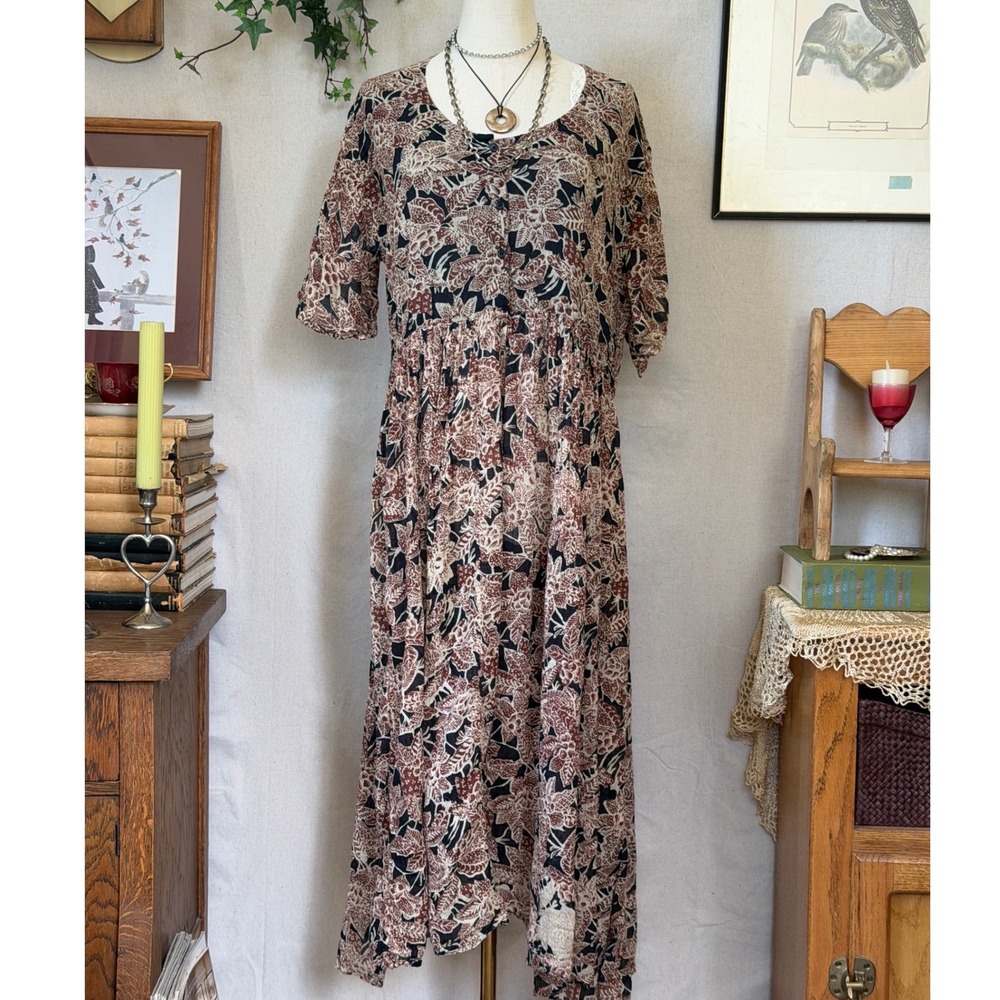 Brown Floral Gauze Maxi Dress Babydoll Indie Grunge Cottagecore Vintage 90s L